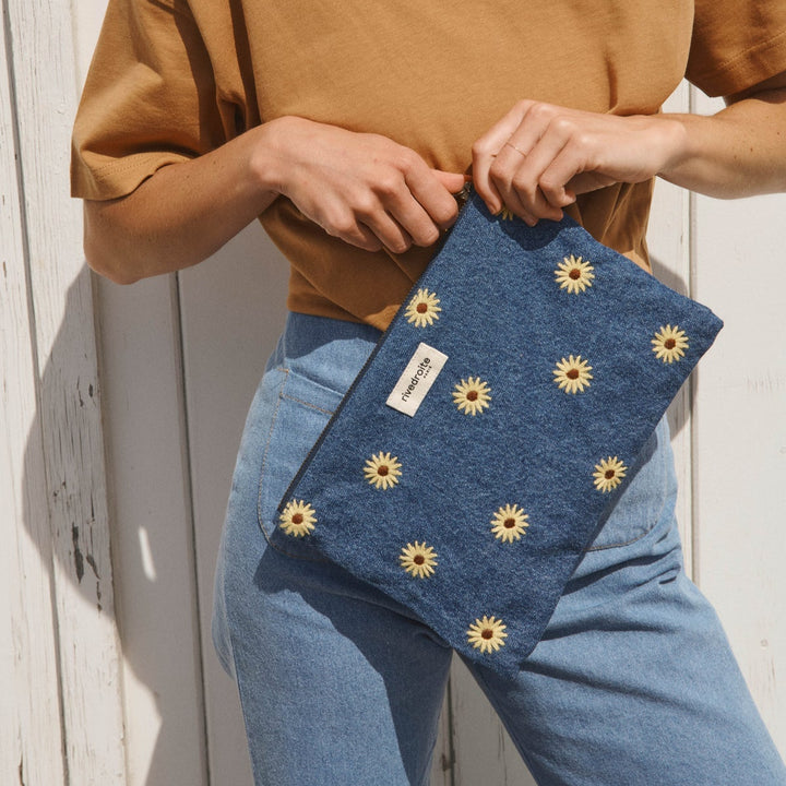 Pouch Barbette medium Denim Yellow sunflower