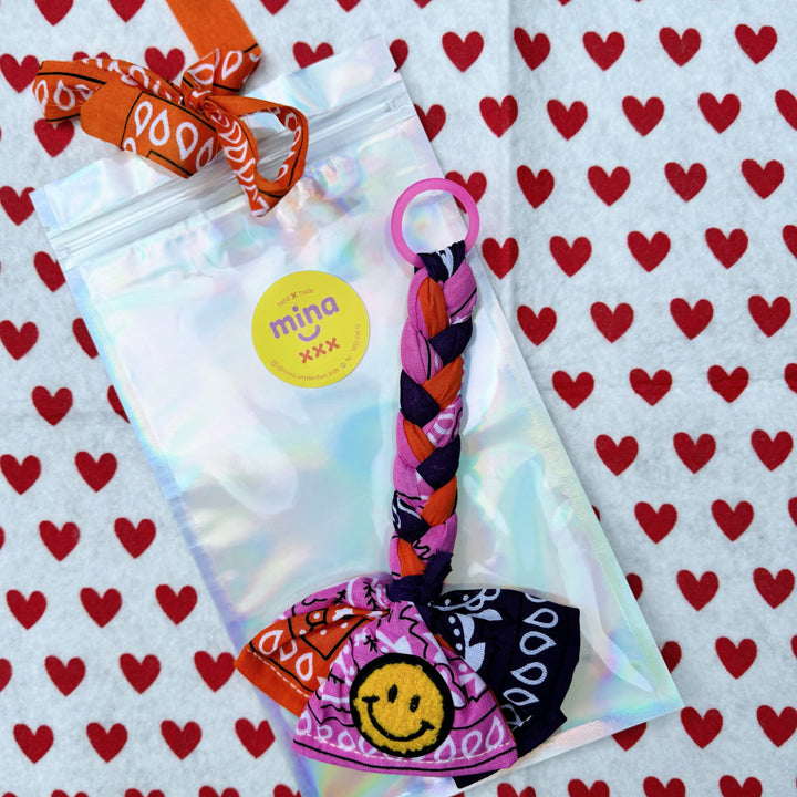 Bandana bag charm - pacifier holder pink, purple & orange