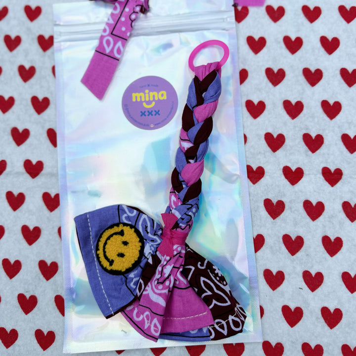Bandana bag charm - pacifier holder aubergine, lilac & pink