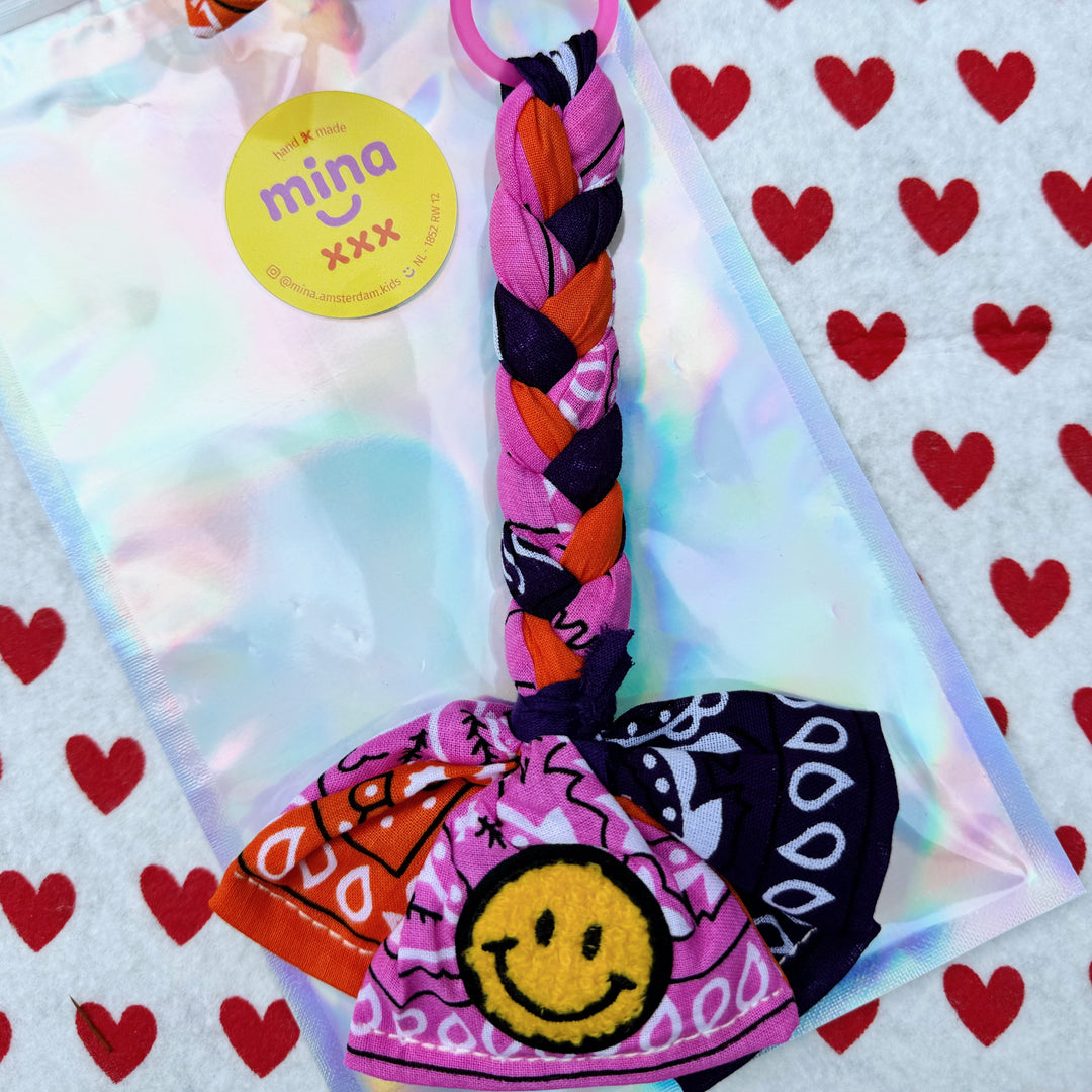 Bandana bag charm - pacifier holder pink, purple & orange