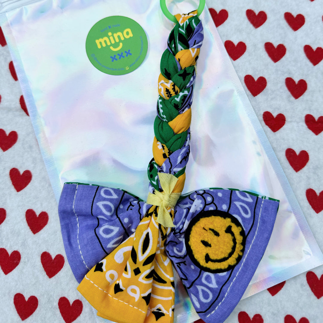 Bandana bag charm - pacifier holder yellow, green & lilac