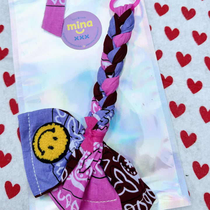 Bandana bag charm - pacifier holder aubergine, lilac & pink