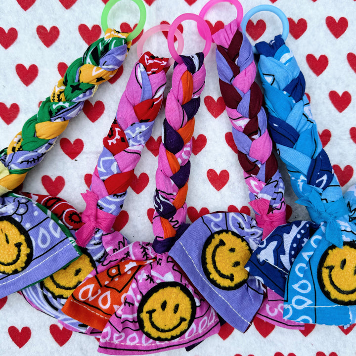 Bandana bag charm - pacifier holder yellow, green & lilac